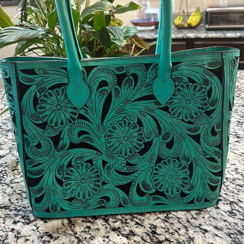 Virginia handbags tooled leather turquoise purse
